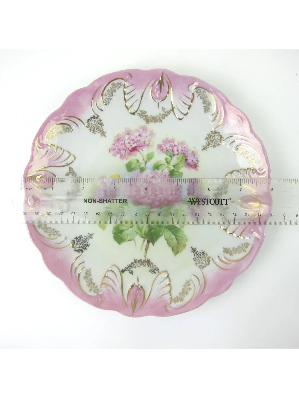 Antique Porcelain Plate Hydrangea Flowers Pink Rim Gold Accents 8